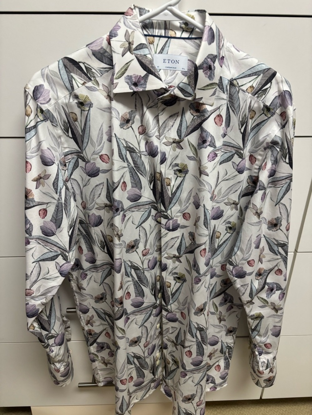 Eton White Button-Up Shirt with Lavender and Olive Floral Print